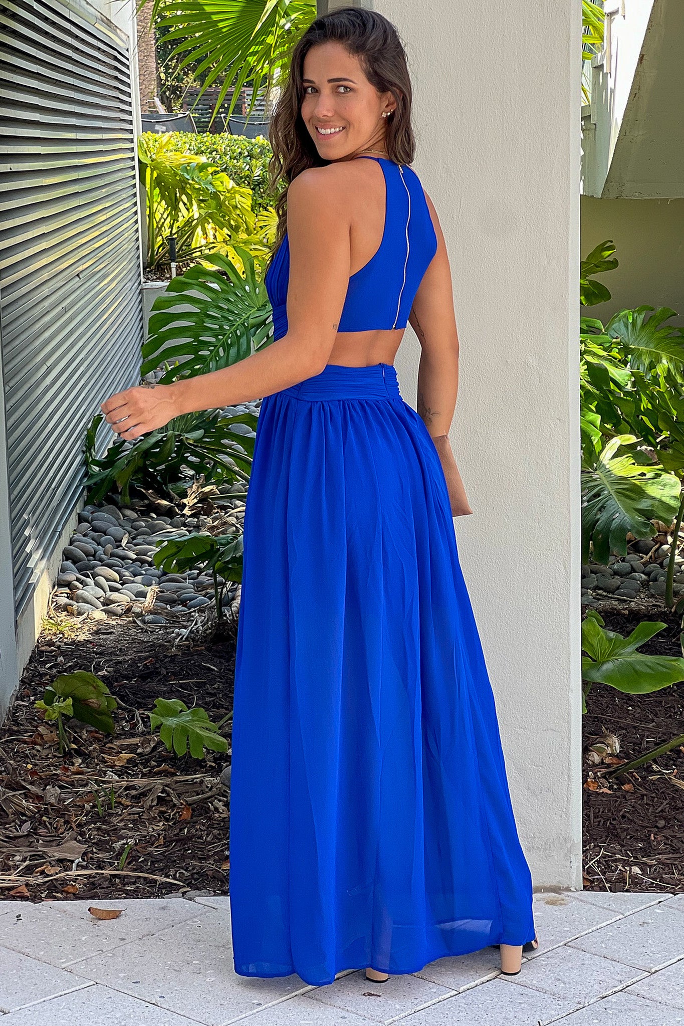 royal blue pleated maxi dress with cut out