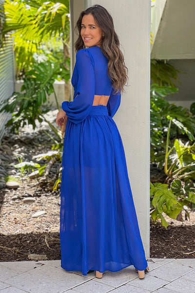 royal blue pleated maxi dress with cut out