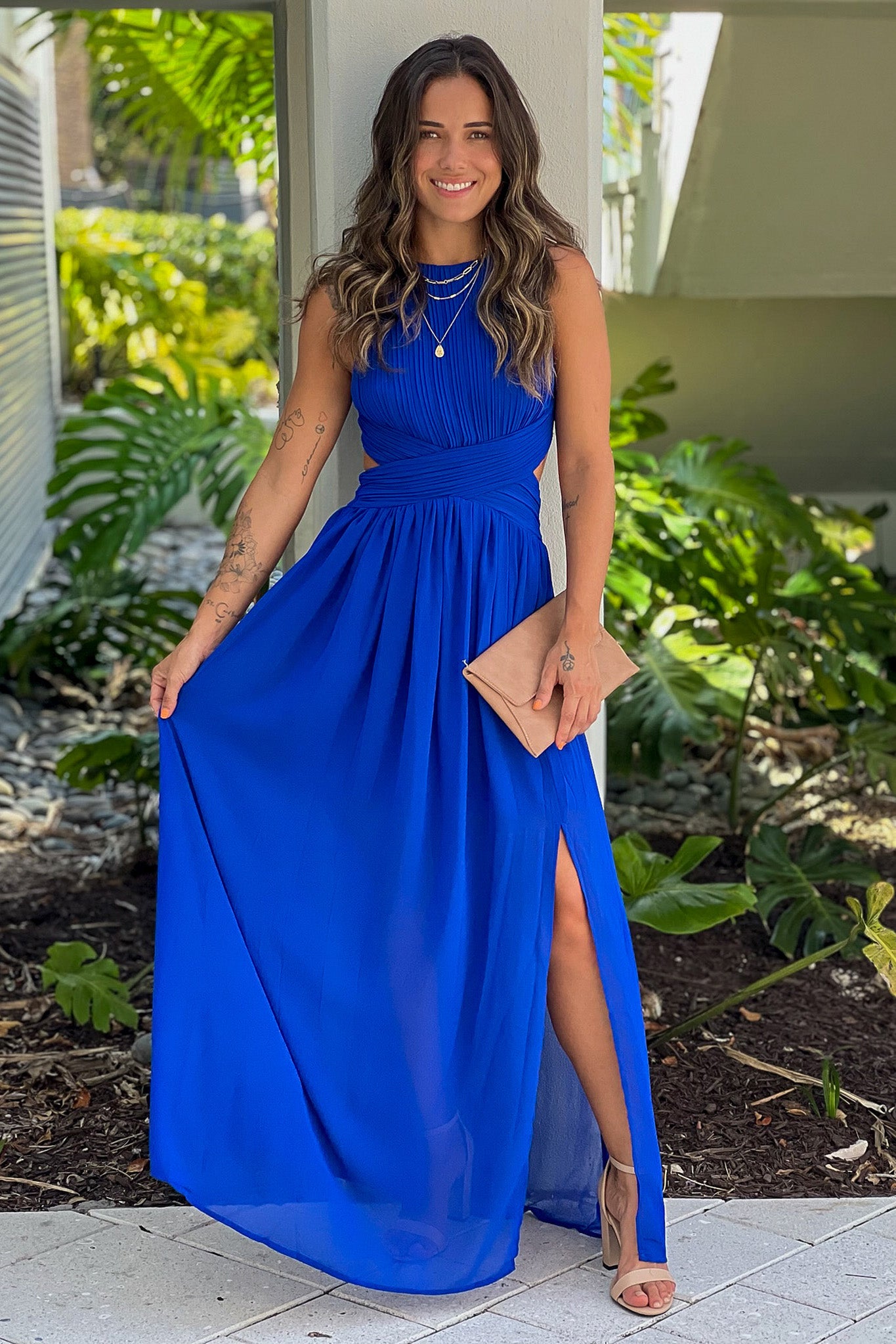 royal blue pleated maxi dress