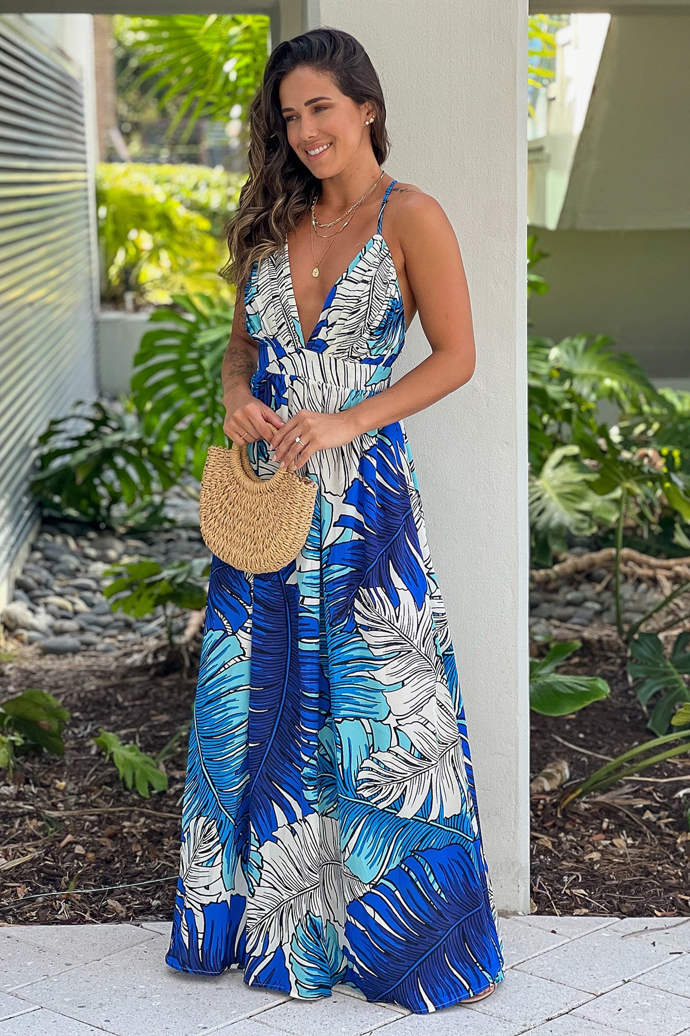 royal blue printed v-neck maxi dress