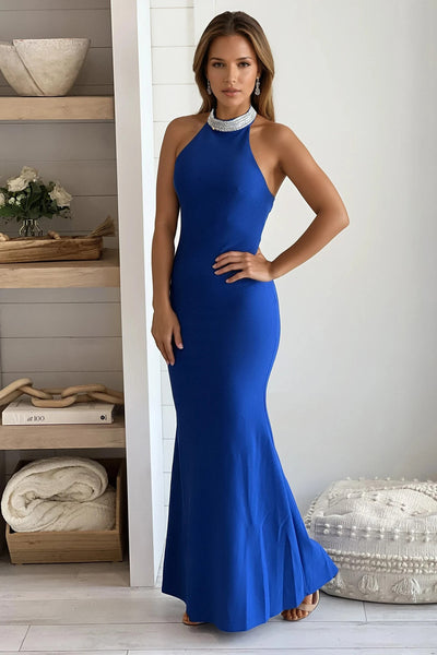royal blue rhinestone halter maxi dress