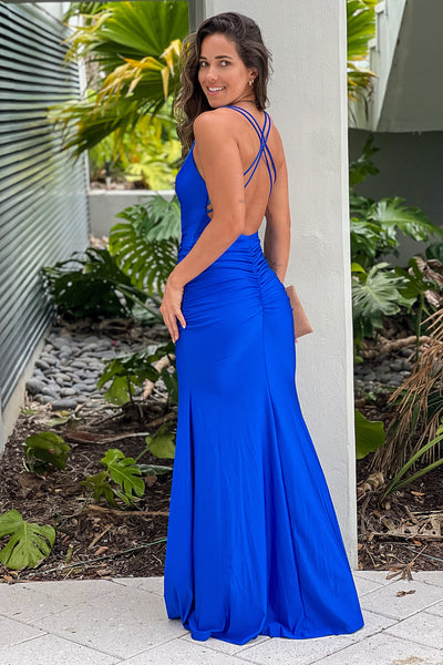 royal blue ruched maxi dress with slit
