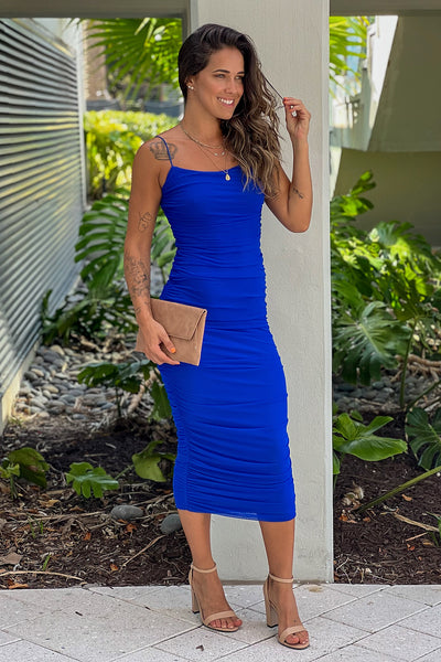 royal blue ruched midi dress