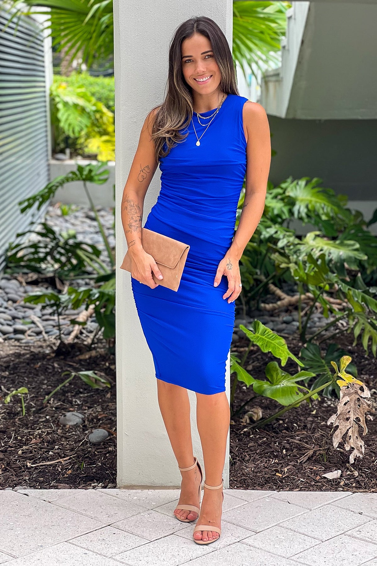 Royal Blue Mesh Ruched Midi Dress