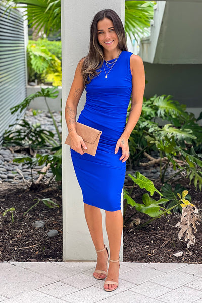 royal blue ruched midi dress