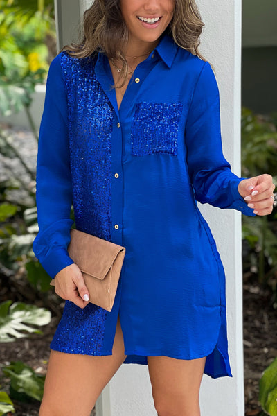 royal blue sequined shirt dress
