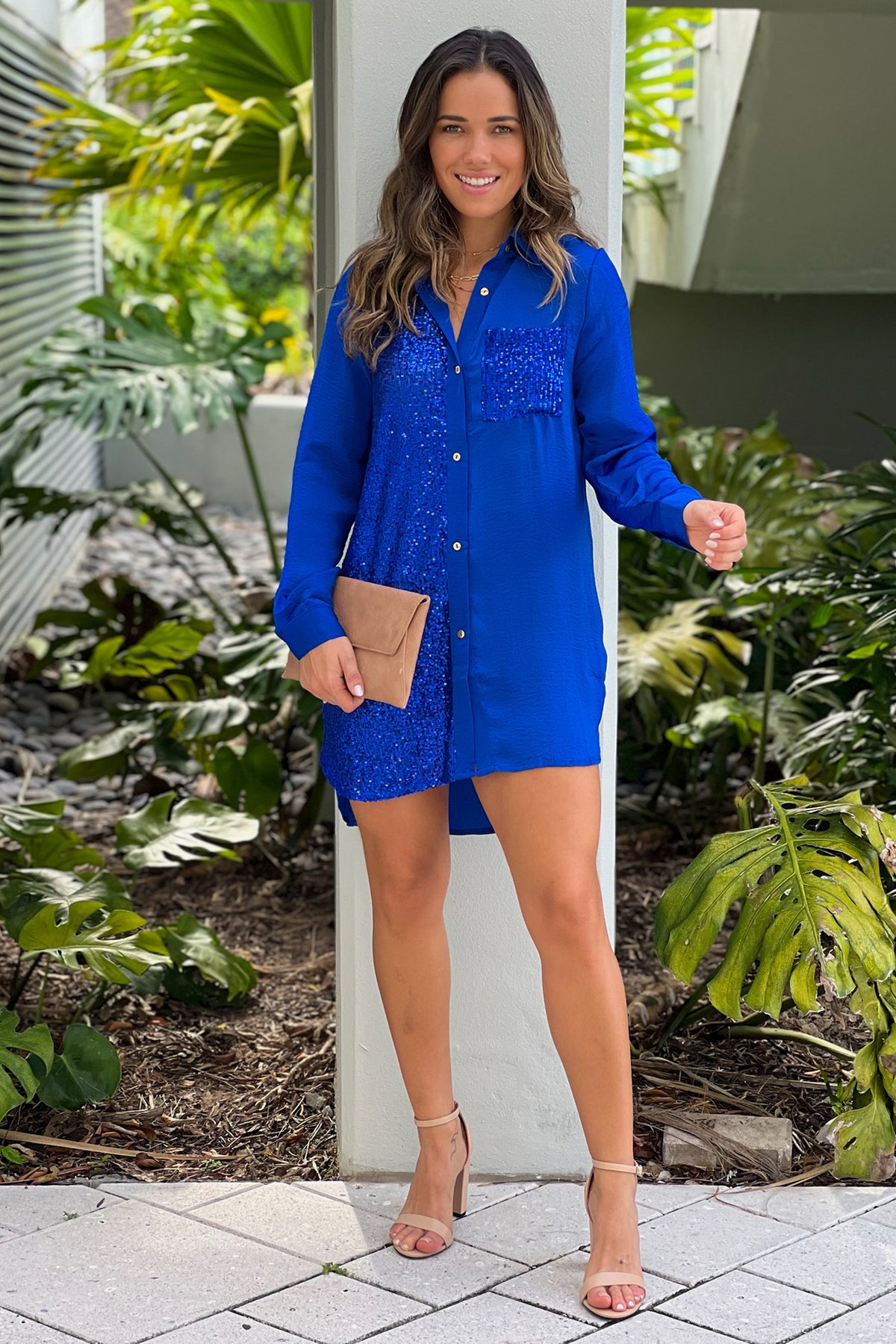 Royal Blue Shirt Dress With Sequin Details