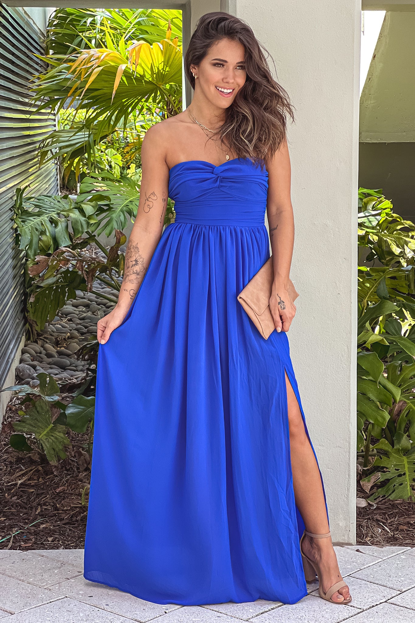royal blue strapless pleated top maxi dress with slit