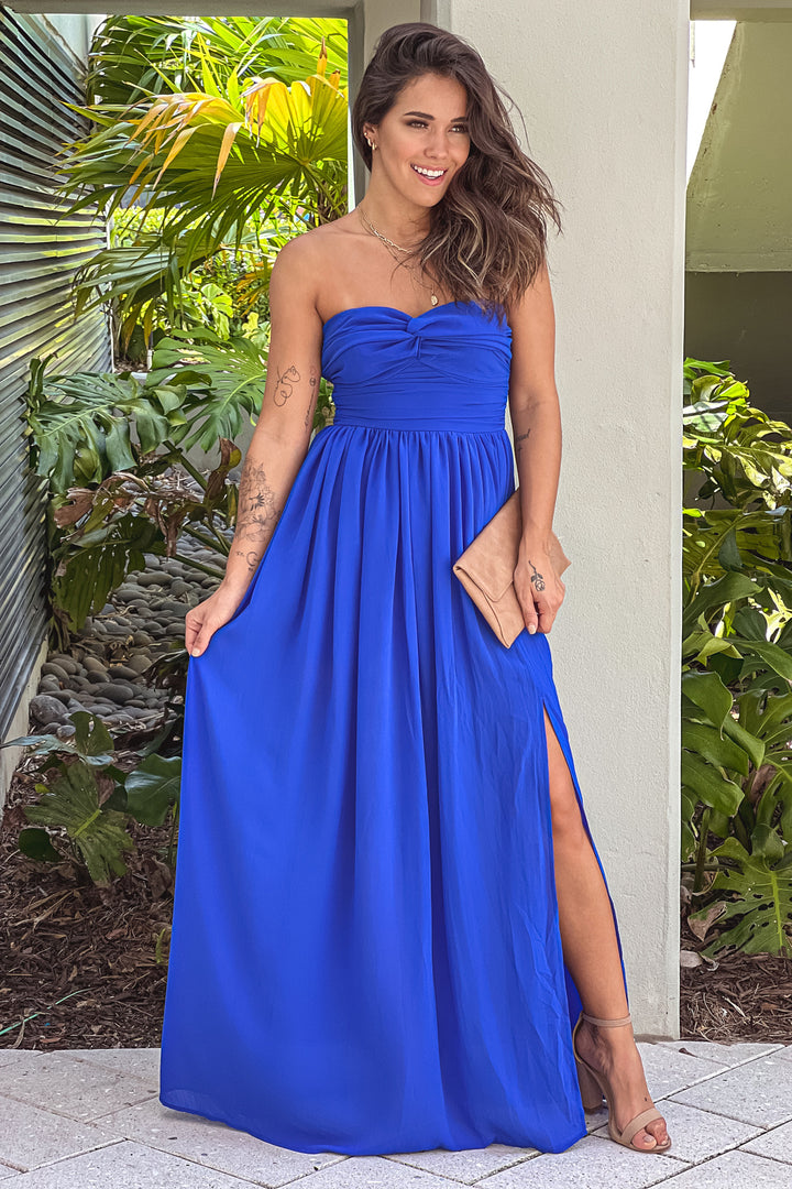 Royal Blue Strapless Pleated Top Maxi Dress With Slit