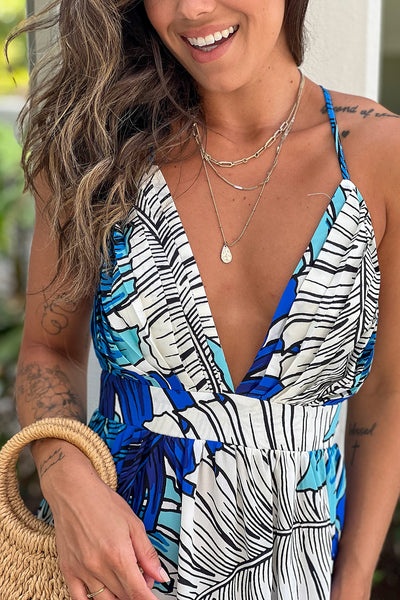 royal blue v-neck tropical print maxi dress