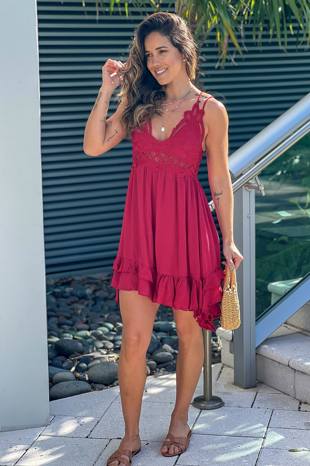 short top dress TaupeCrochet Top Short Dress with Criss Cross Back