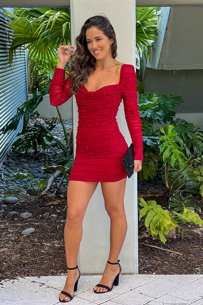 ruby pearl mesh sweetheart short dress with long sleeves