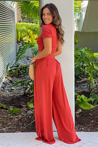 rust crop top and pants outfit