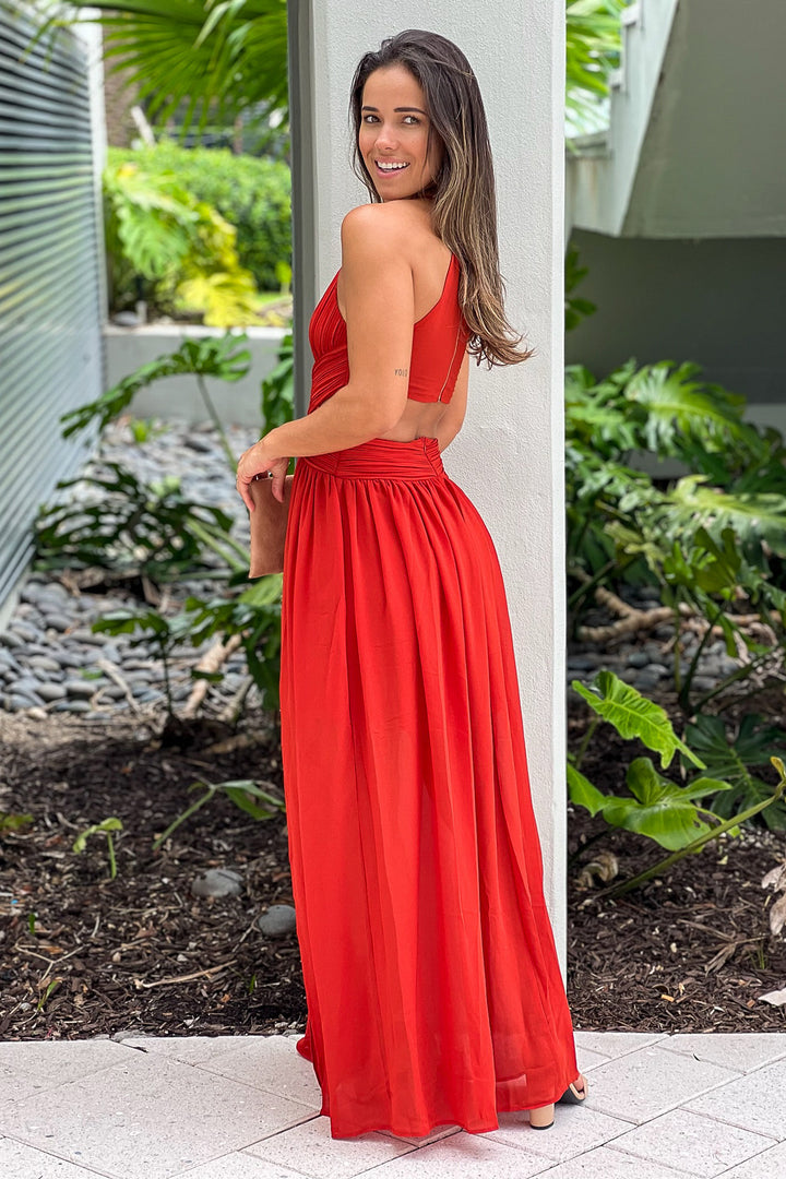 Rust Pleated Maxi Dress | Maxi Dress – Saved by the Dress