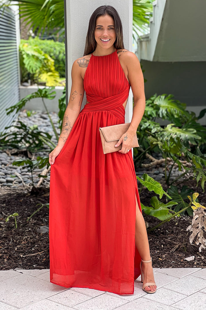Rust Pleated Maxi Dress