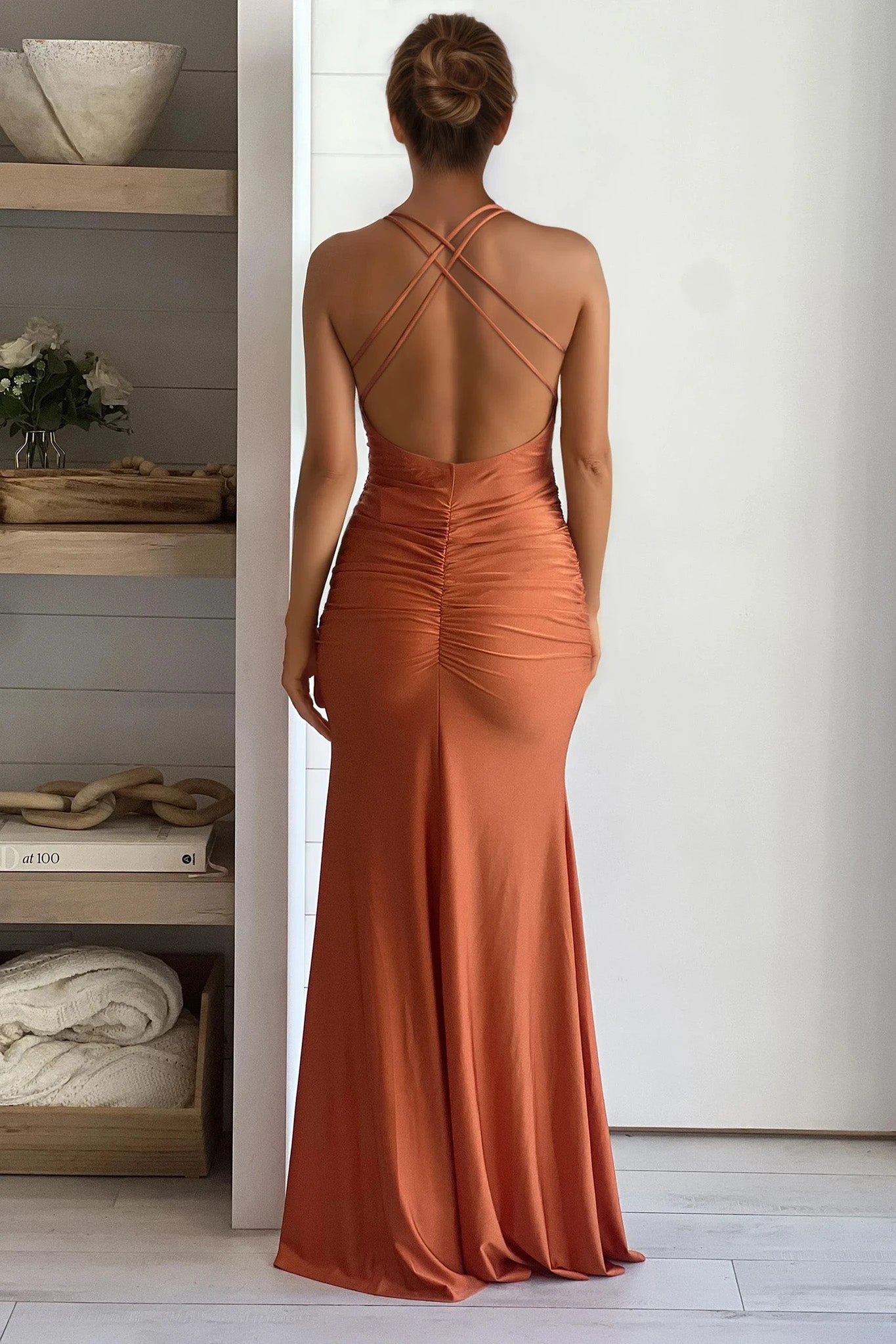 rust ruched maxi dress with criss cross back