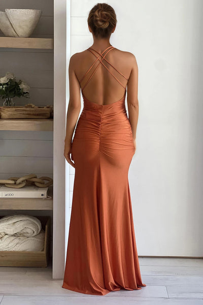 rust ruched maxi dress with criss cross back