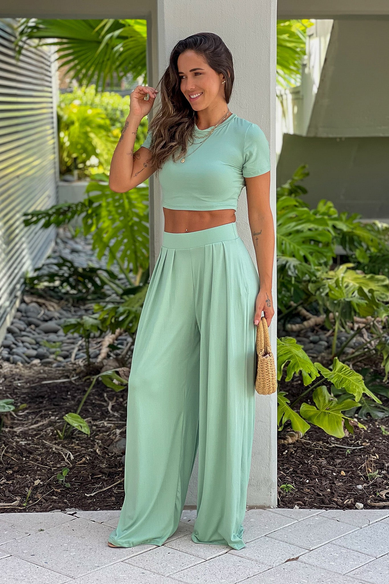 sage crop top and pants summer set