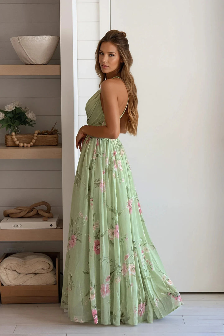 Sage Floral Deep V-Neck Sleeveless Maxi Dress