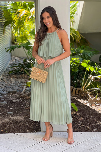 sage pleated cute midi dress