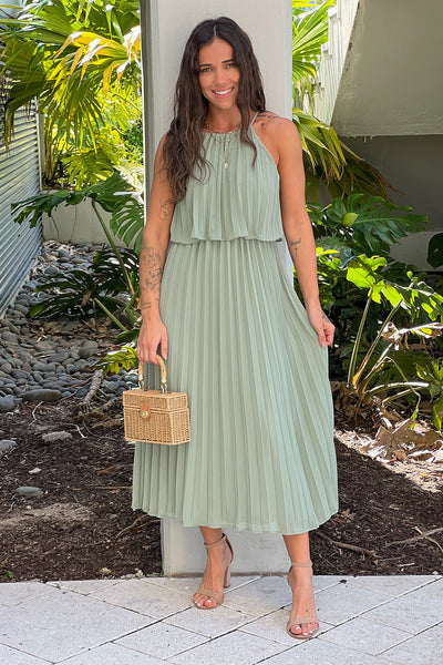 sage pleated summer midi dress