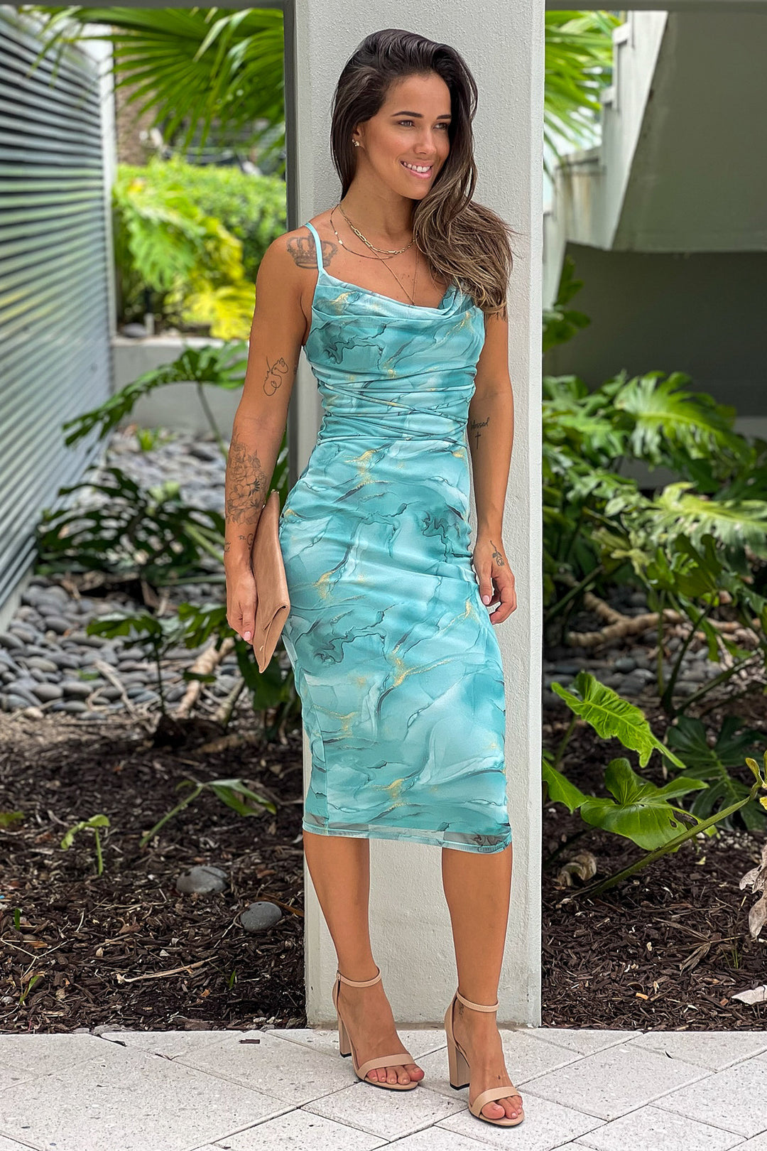 marble midi dress Warehouse Women's Petite Metallic Marble Twist Front Bias Midi Dress in Taupe
