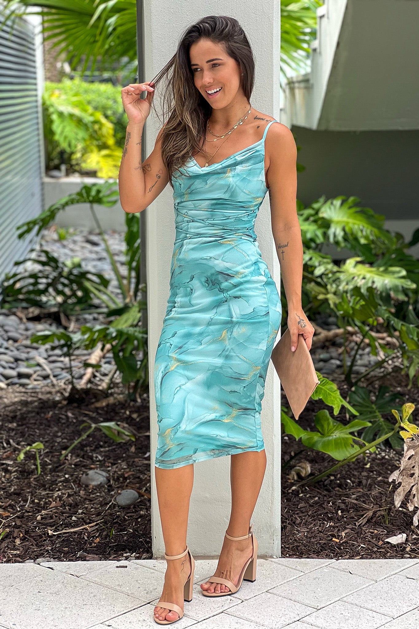 seafoam marble multi tie midi dress