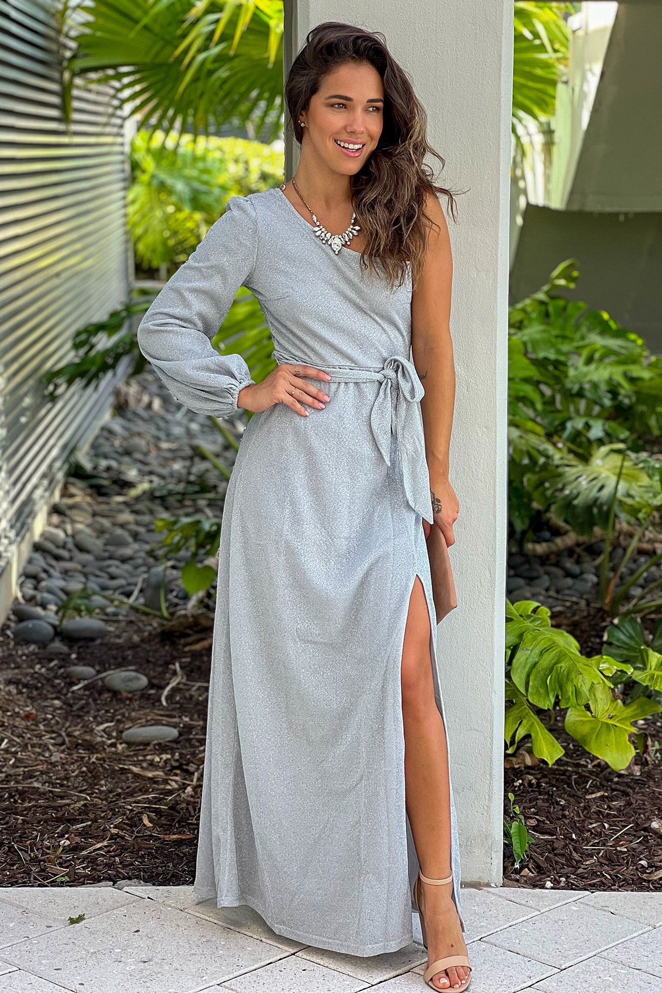 silver lurex maxi dress with slit