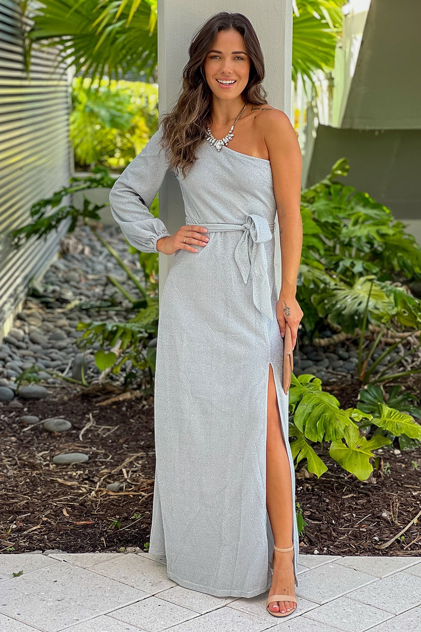 silver one shoulder lurex maxi dress with slit