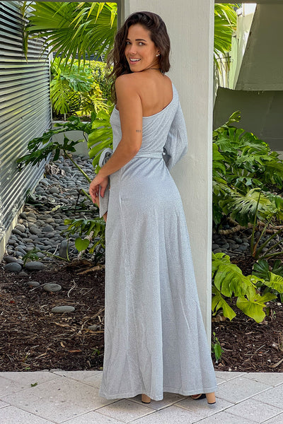 silver one shoulder lurex maxi dress