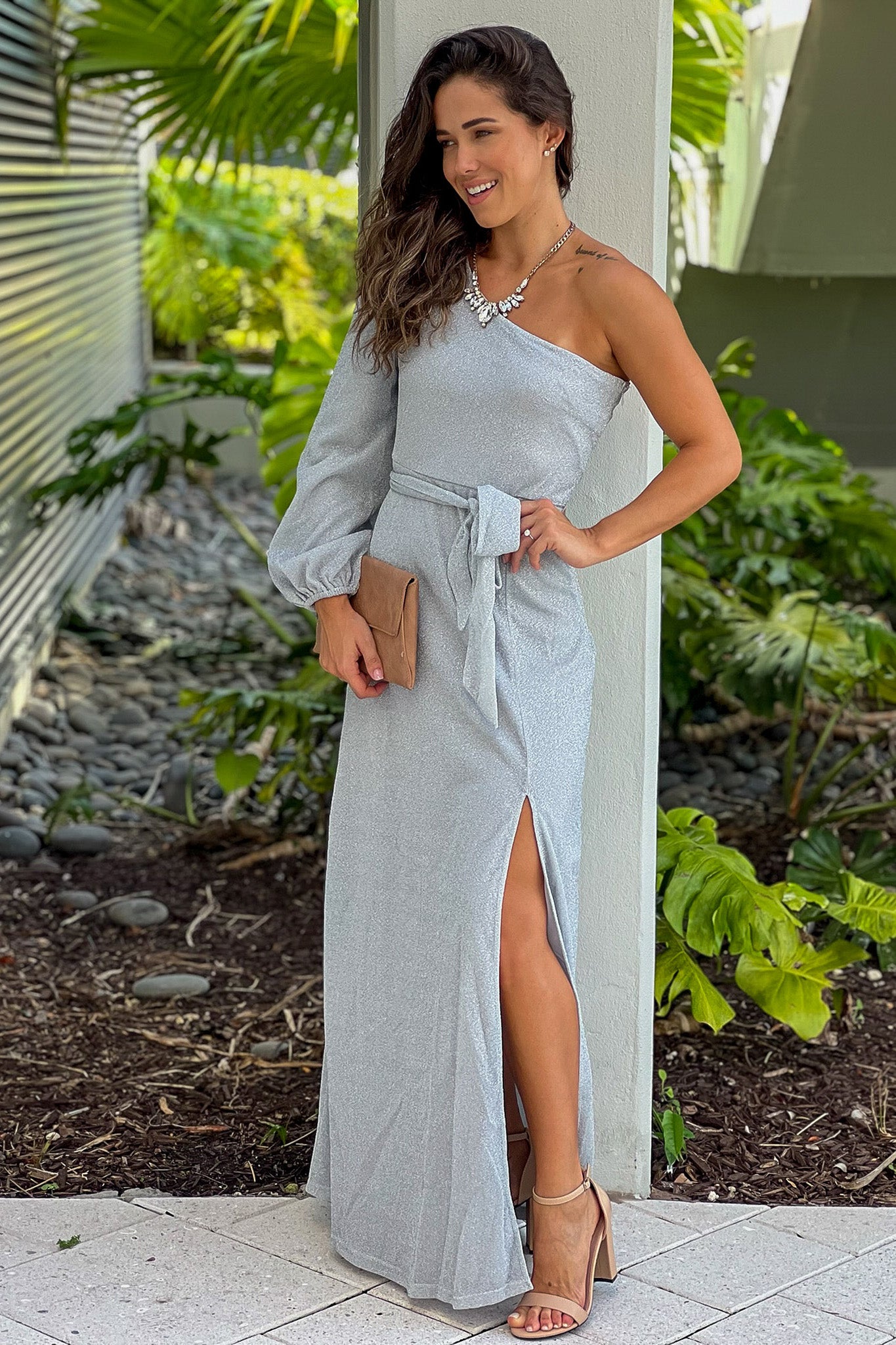 silver one shoulder maxi dress