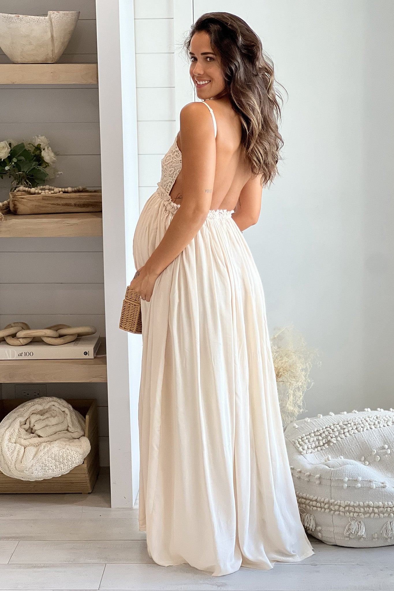taupe crochet maternity maxi dress with open back