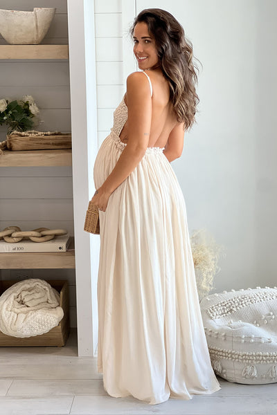 taupe crochet maternity maxi dress with open back