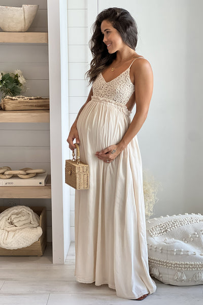 taupe crochet top maternity maxi dress