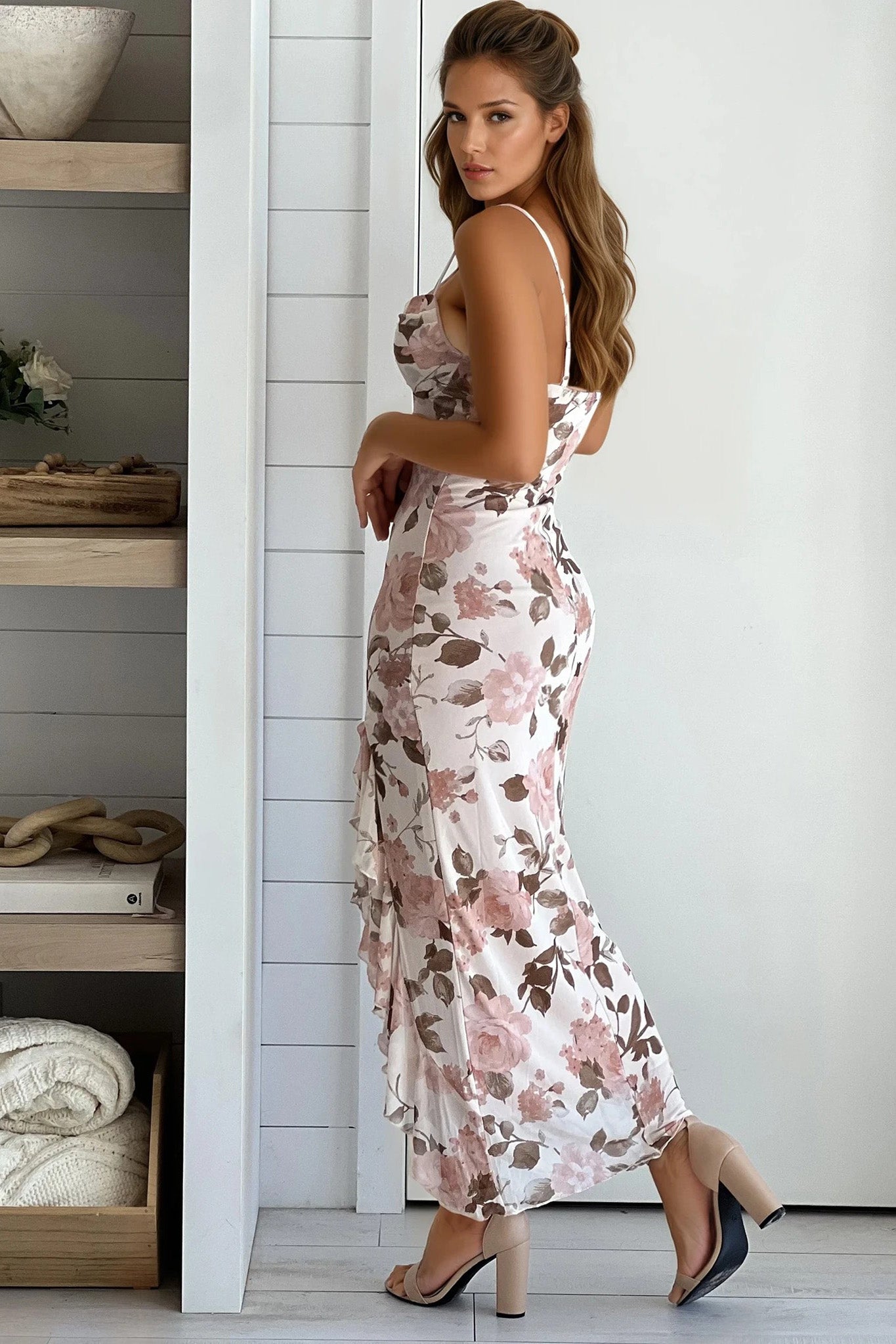 Taupe Floral Mesh Ruffled Dress