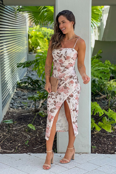 taupe floral midi dress with slit