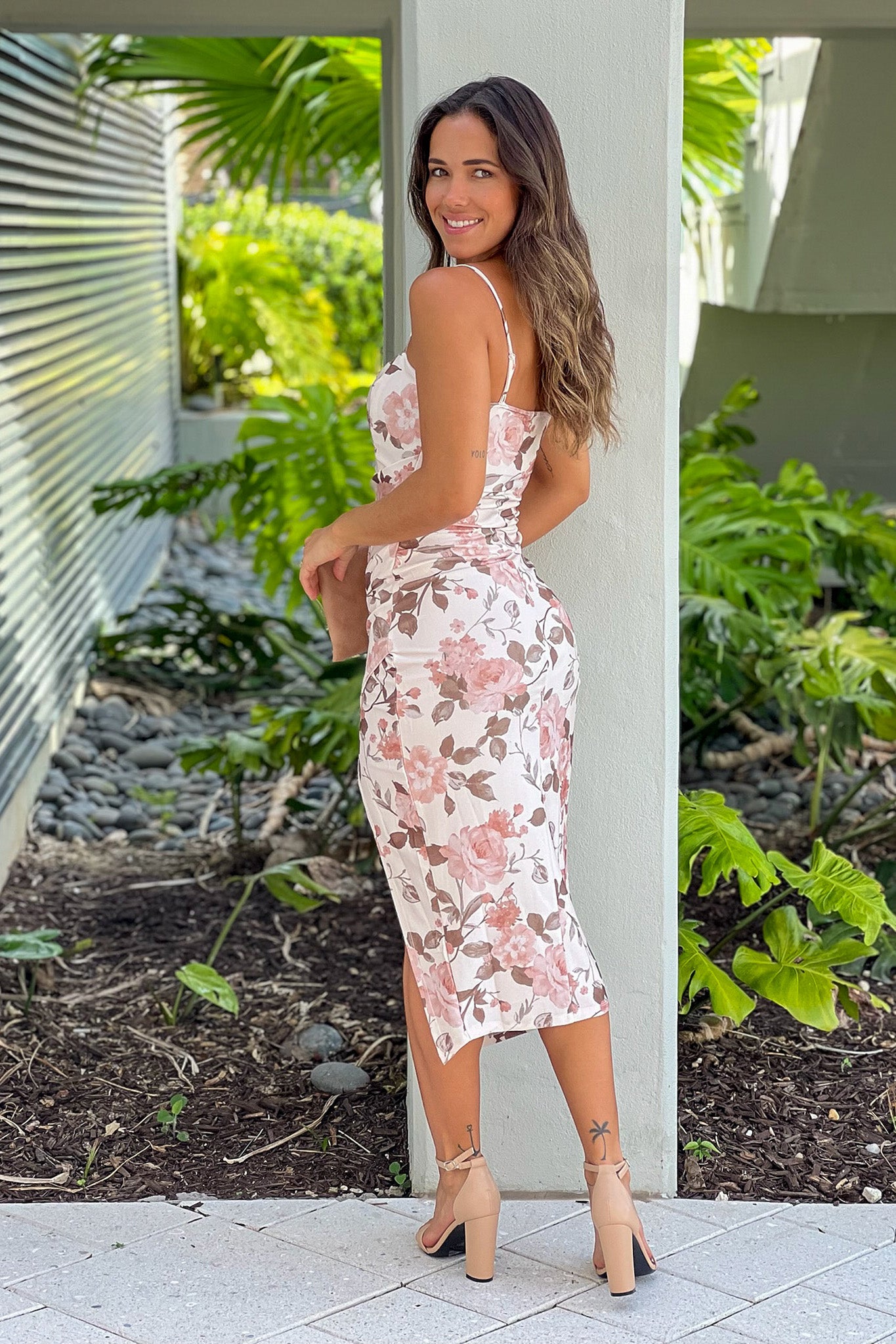 taupe floral midi dress