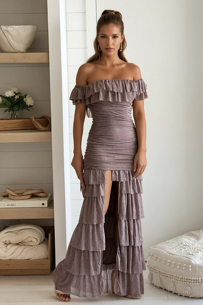 taupe glitter mesh ruffled maxi dress