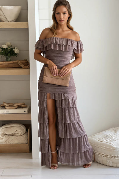 taupe glitter mesh ruffled off shoulder maxi dress