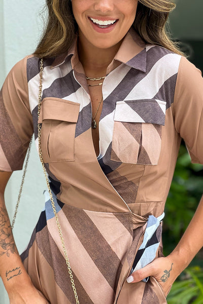 taupe printed dress with pockets