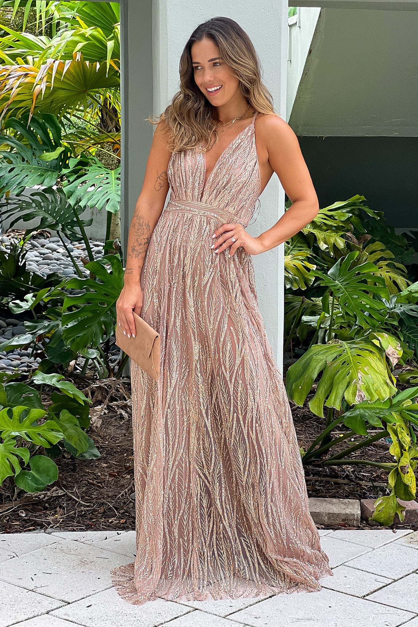 taupe sequined maxi dress