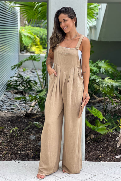 taupe square neck jumpsuit with pockets