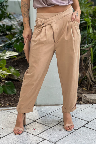 taupe unbalanced button cropped pants