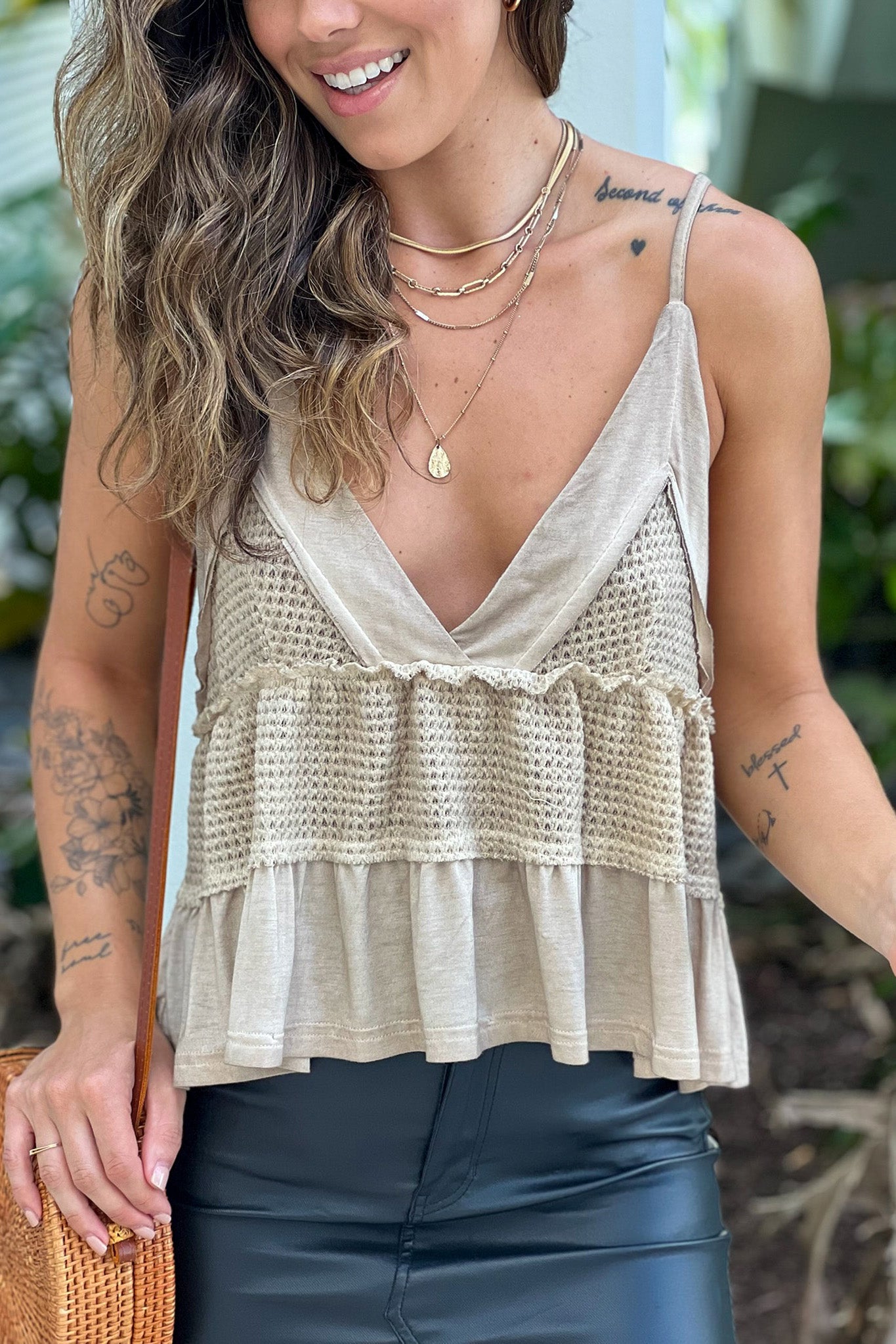 taupe v-neck top