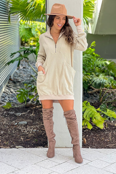 taupe zip up waffle dress