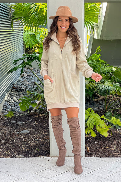 taupe zip up waffle knit dress