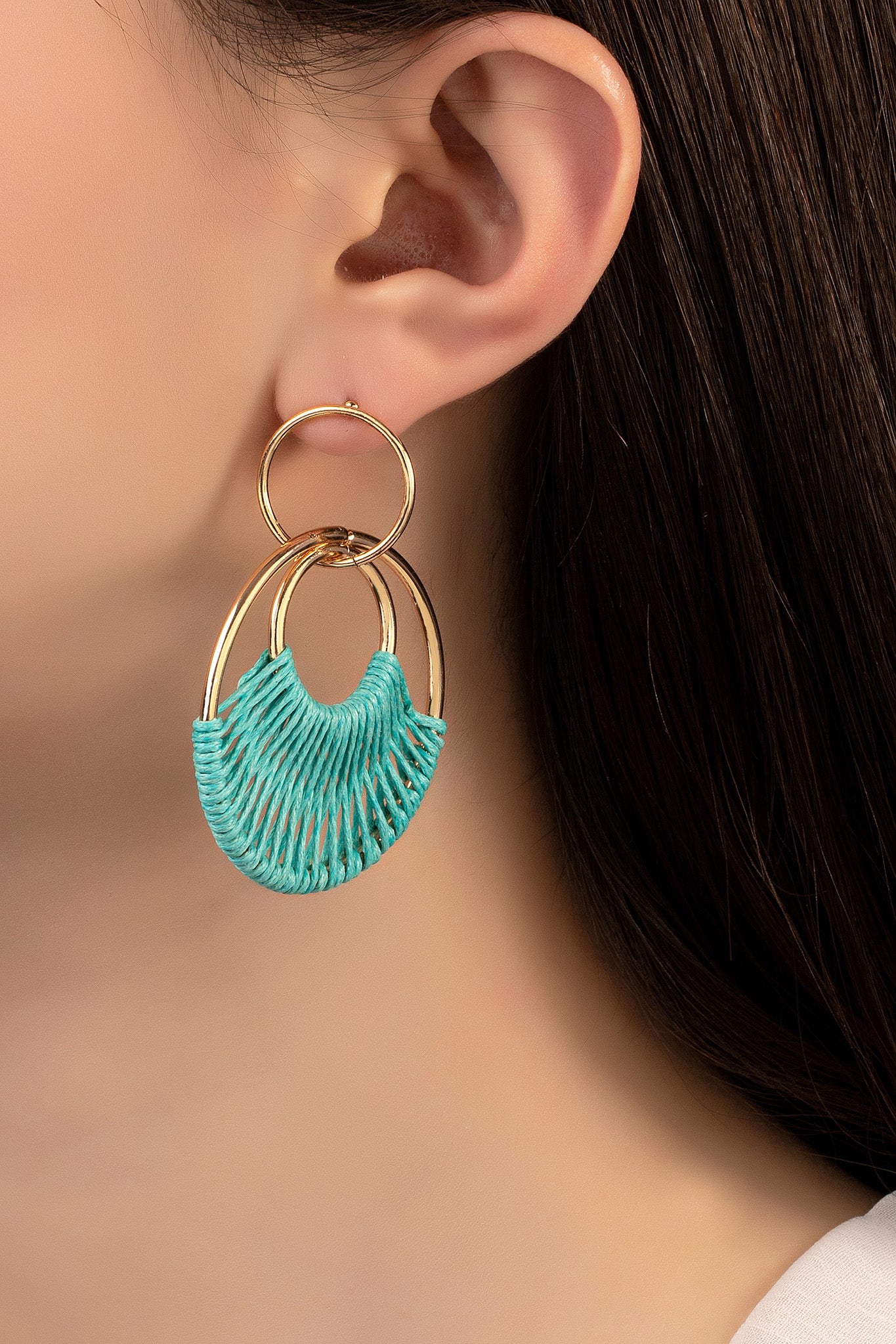 turquoise woven double hoop drop earrings