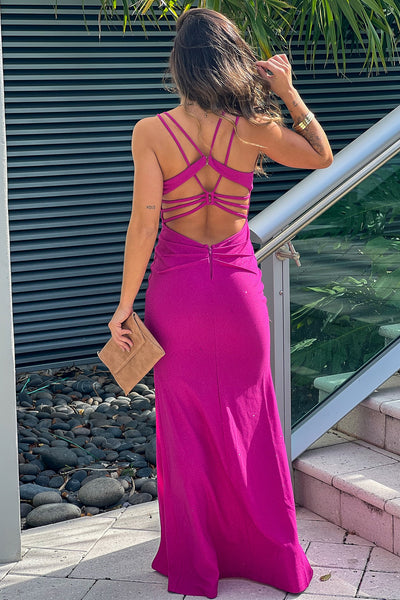 violet maxi dress with criss cross back