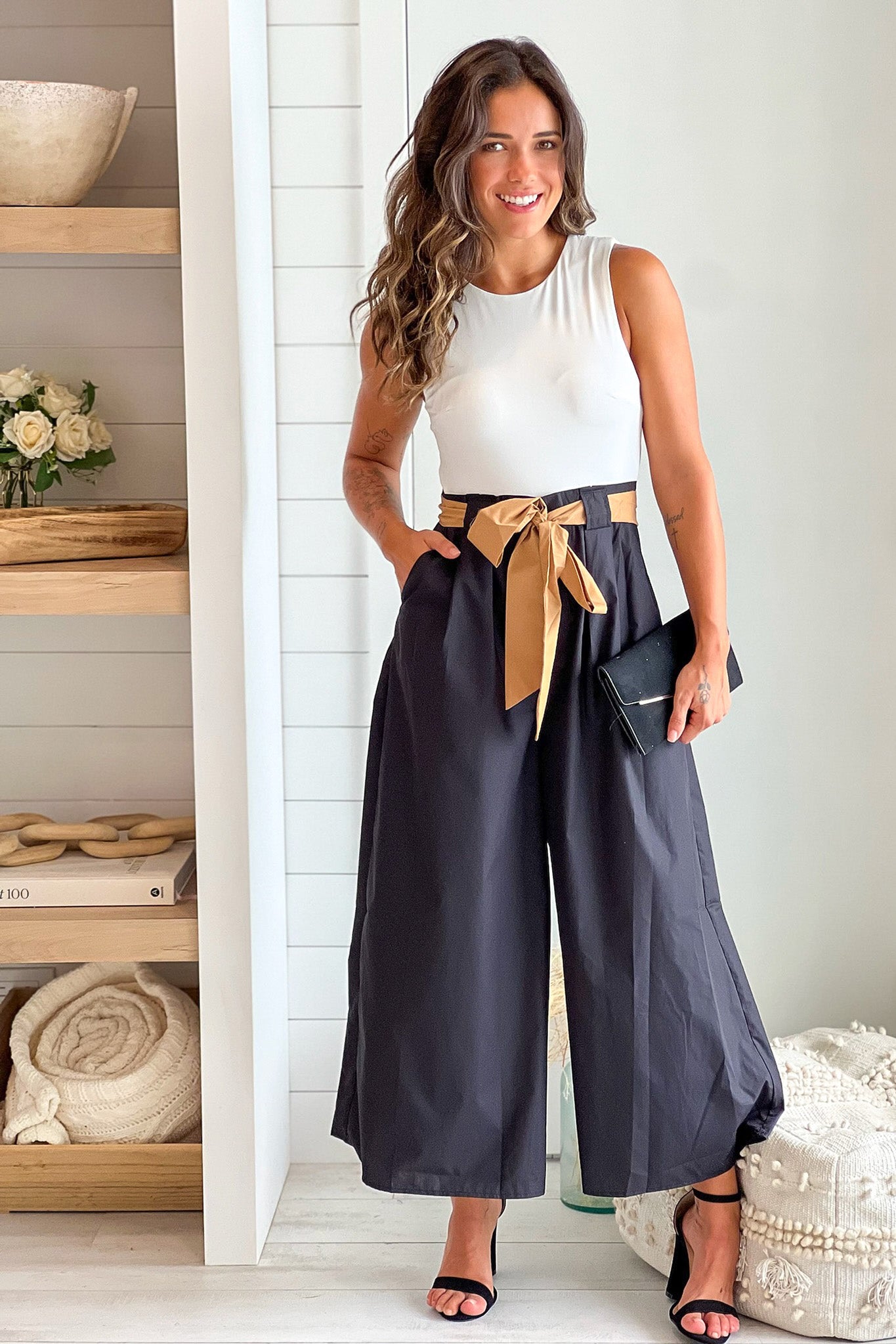 white and black wide leg jumpsuit