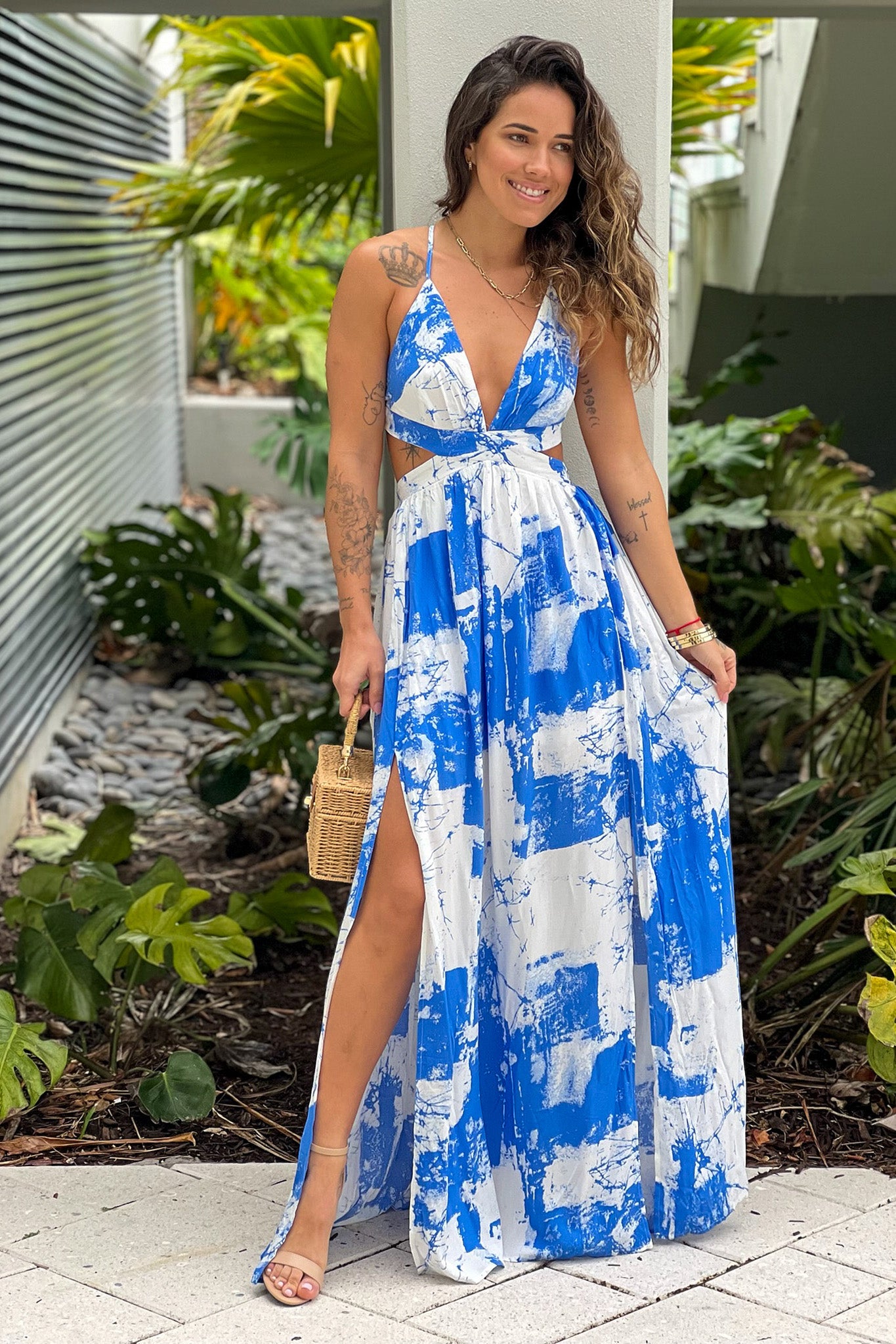 white and blue maxi dress with cut outs